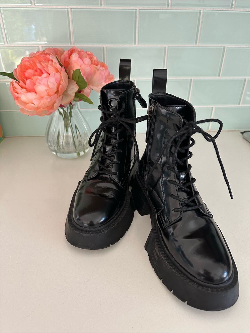 Black Patent Lace-Up Platform Ankle Boot
